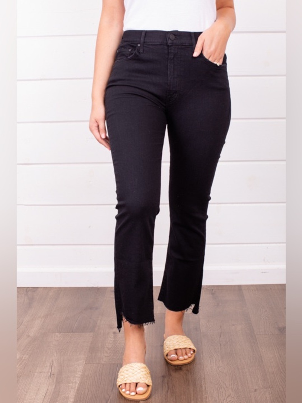 MOTHER Denim The Insider High Rise Crop Step Fray Bootcut Jeans in Not Guilty